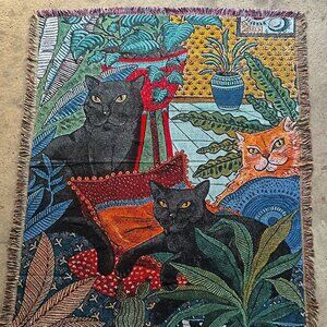 Botanical Cat Woven Tapestry Blanket – Vintage Jungle Home Decor (50x60”)